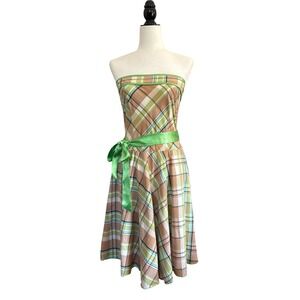 FE Fashion Strapless Plaid Dress Green Ribbon Retro Rockabilly Party Dress L‎